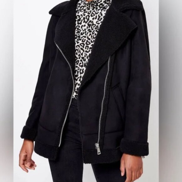 AnneTaylor LOFT Suede Sherpa Aviator Jacket, Black - Picture 4 of 4